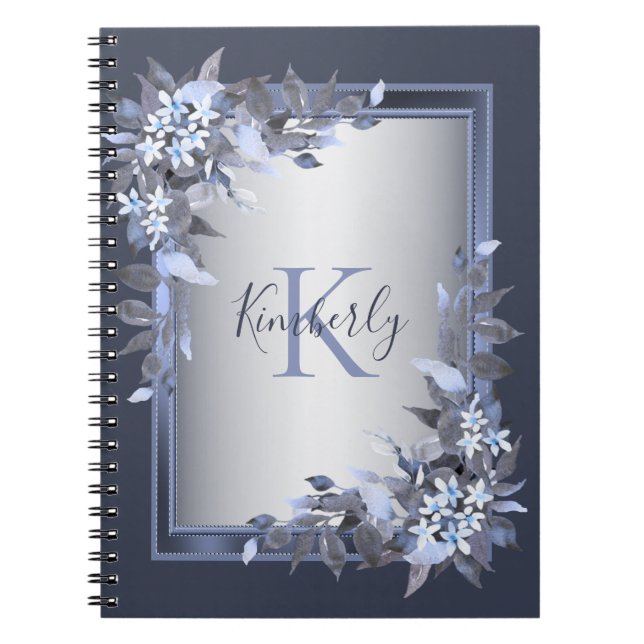 Monogram Name Navy Blue Floral Silver Gray Elegant Notebook (Front)