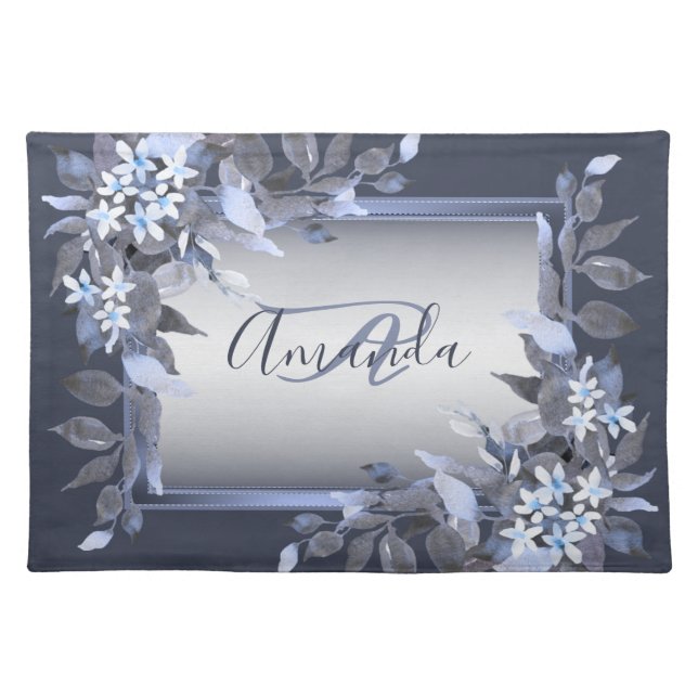 Monogram Name Navy Blue Floral Silver Gray Modern Cloth Placemat (Front)