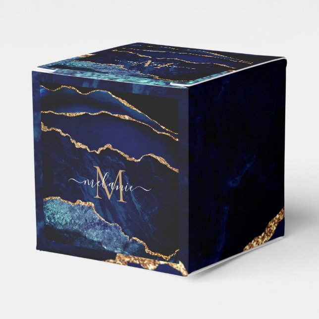Monogram Name Navy Blue Gold Glitter Favor Boxes (Front Side)