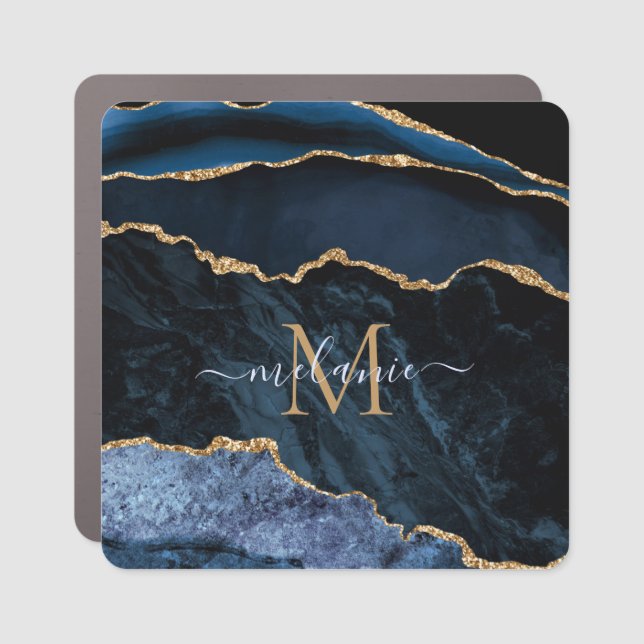 Monogram Name Navy Blue Gold Marble Car Magnet (Front)