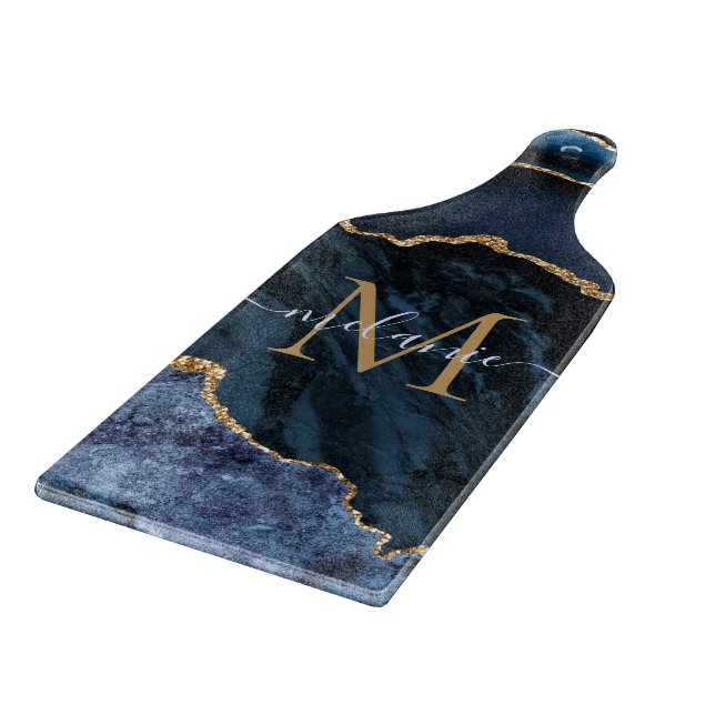 Monogram Name Navy Blue Gold Marble Cutting Board (Corner)