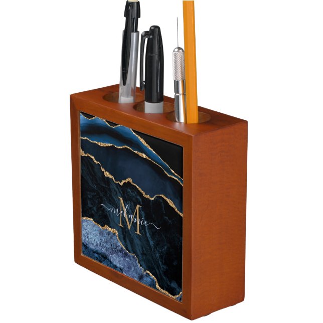 Monogram Name Navy Blue Gold Marble Desk Organizer (In Situ)