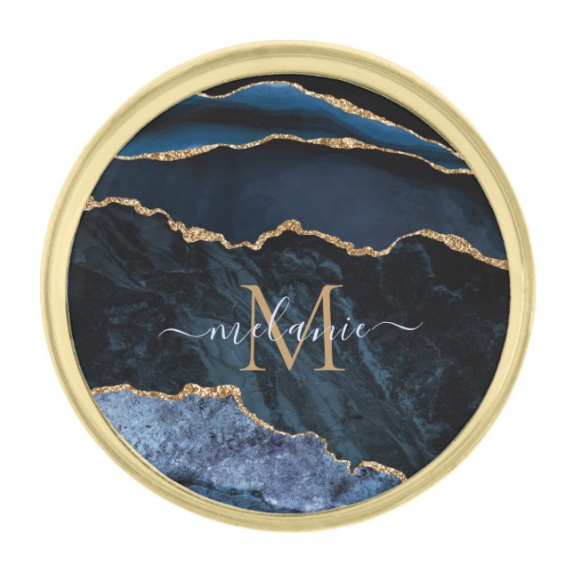 Monogram Name Navy Blue Gold Marble Lapel Pin (Front)