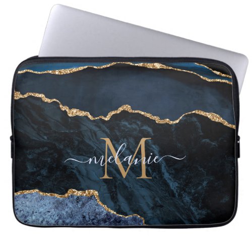 Monogram Name Navy Blue Gold Marble Laptop Sleeve