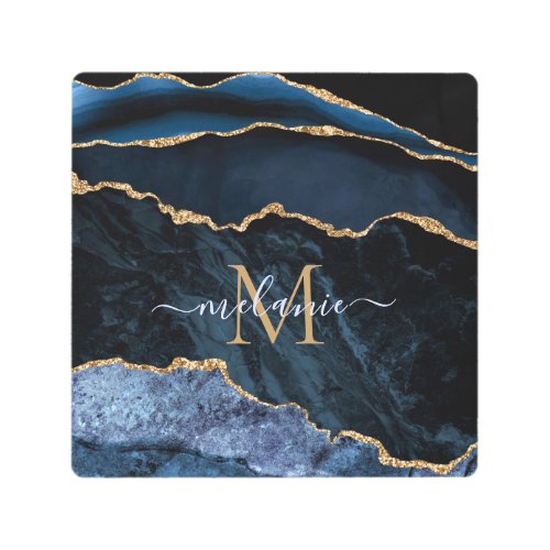 Monogram Name Navy Blue Gold Marble Metal Print