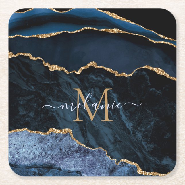 Monogram Name Navy Blue Gold Marble Paper Coaster (Front)