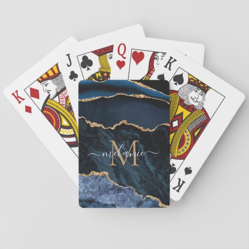 Monogram Name Navy Blue Gold Marble Playing Cards