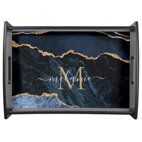 Monogram Name Navy Blue Gold Marble Serving Tray