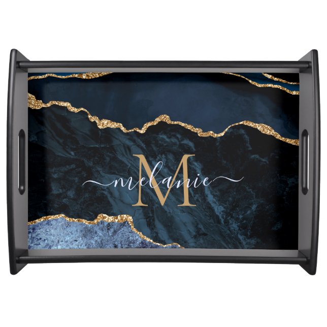 Monogram Name Navy Blue Gold Marble Serving Tray (Front)