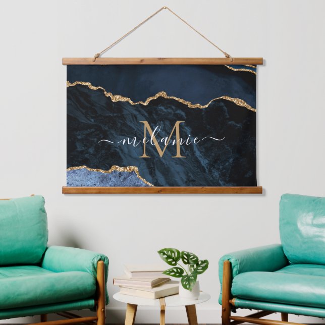 Monogram Name Navy Blue Gold Marble Tapestry (Living Room)