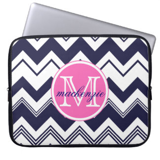 Monogram Name Navy Blue White Chevron Pattern Laptop Sleeve