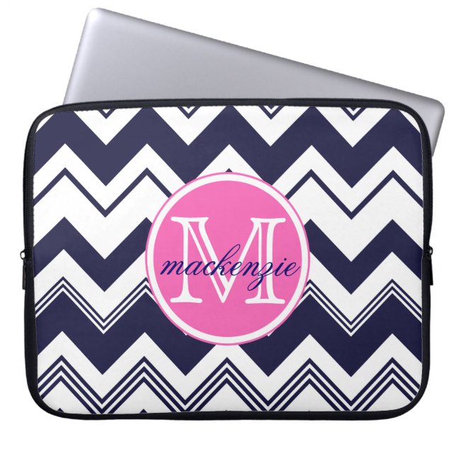Monogram Name Navy Blue White Chevron Pattern Laptop Sleeve (Front)