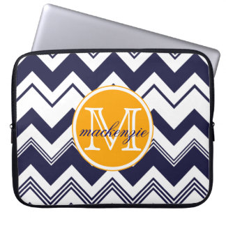Monogram Name Navy Blue White Chevron Pattern Laptop Sleeve