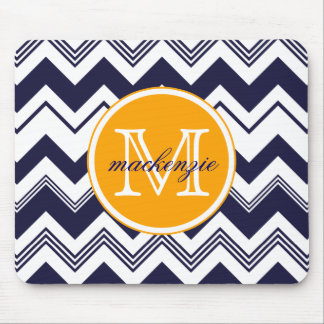 Monogram Name Navy Blue White Chevron Pattern Mouse Pad