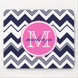 Monogram Name Navy Blue White Chevron Pattern Mouse Pad