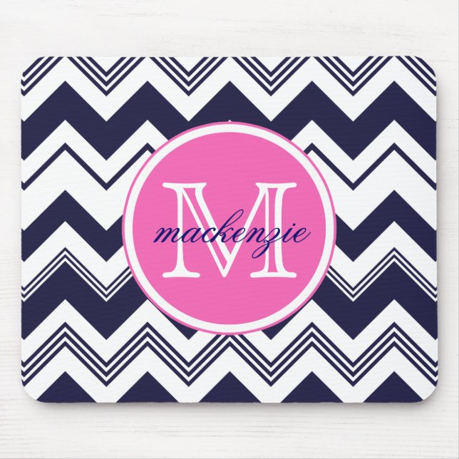 Monogram Name Navy Blue White Chevron Pattern Mouse Pad (Front)