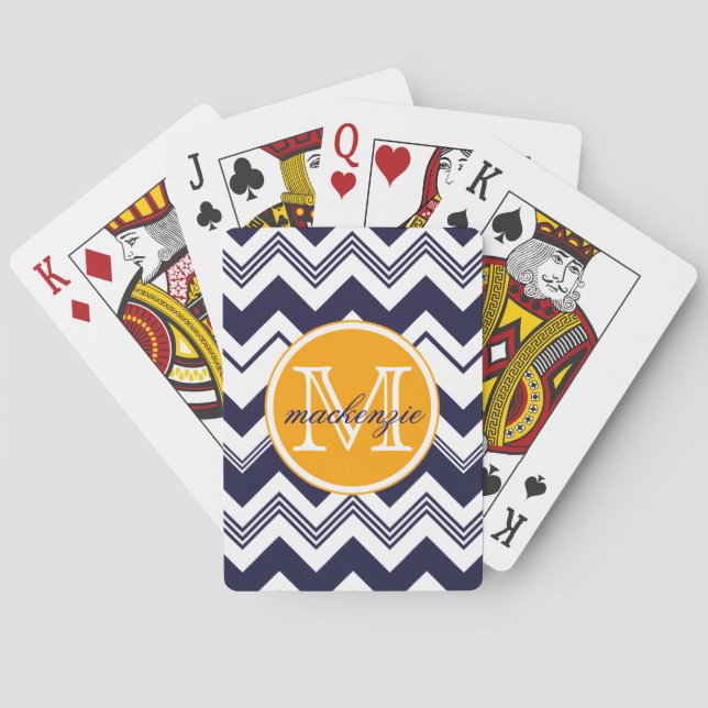 Monogram Name Navy Blue White Chevron Pattern Poker Cards (Back)