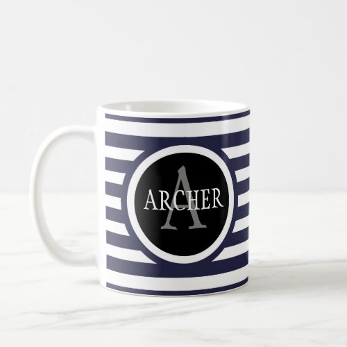 Monogram Name Navy Stripes Coffee Mug