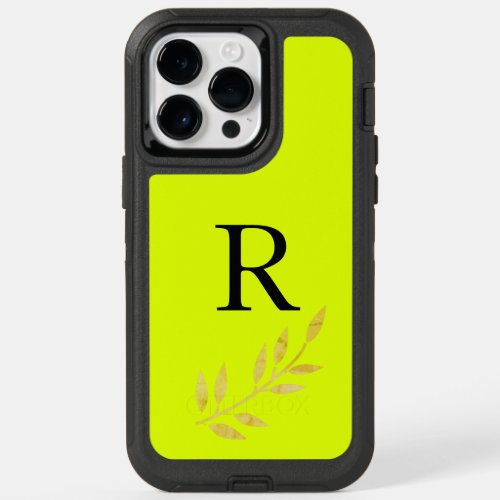 Monogram Name Neon Chartreuse Yellow Gold Leaf OtterBox iPhone 14 Pro Max Case