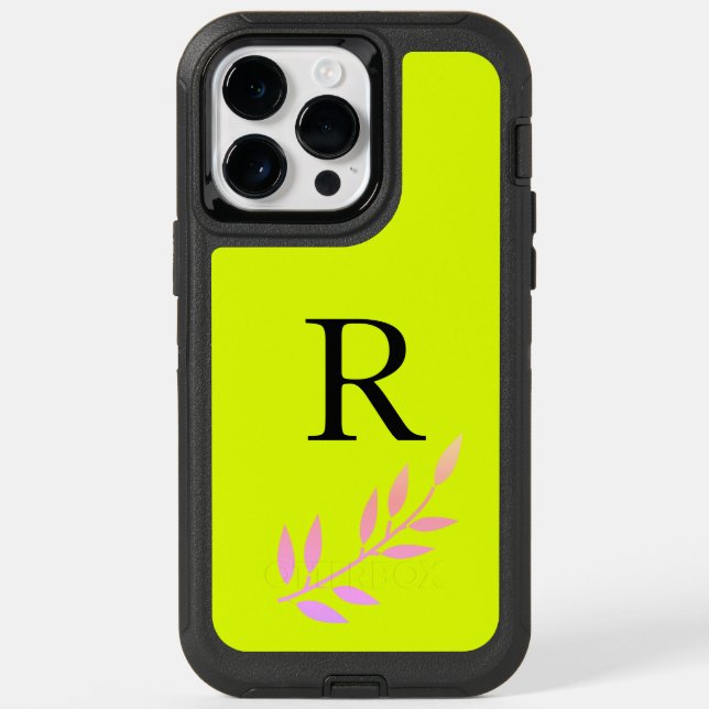 Monogram Name Neon Chartreuse Yellow Pink Leaf Otterbox iPhone Case (Back)