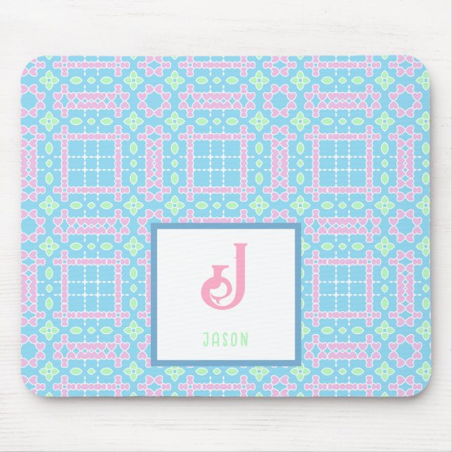 Monogram Name Neon Pink Blue Hearts Pattern Mouse Pad (Front)