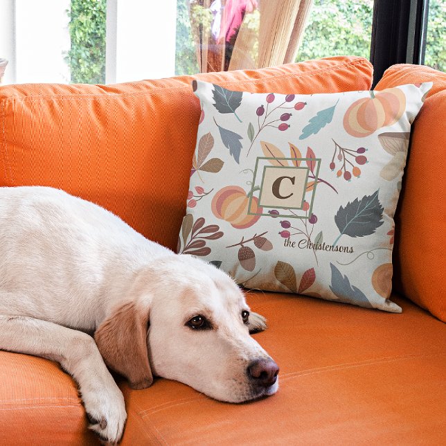 Monogram Name on Autumn Pattern 16x16 Throw Pillow (Creator Uploaded)