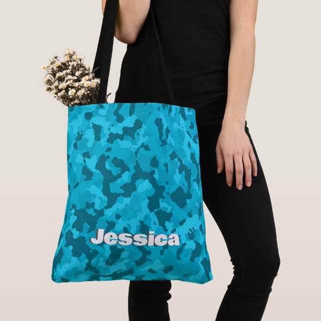 Monogram Name on Blue Camo | Tote Bag (Close Up)