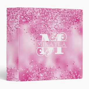 Monogram & Name on Faux Fuchsia Foil & Glitter 3 Ring Binder