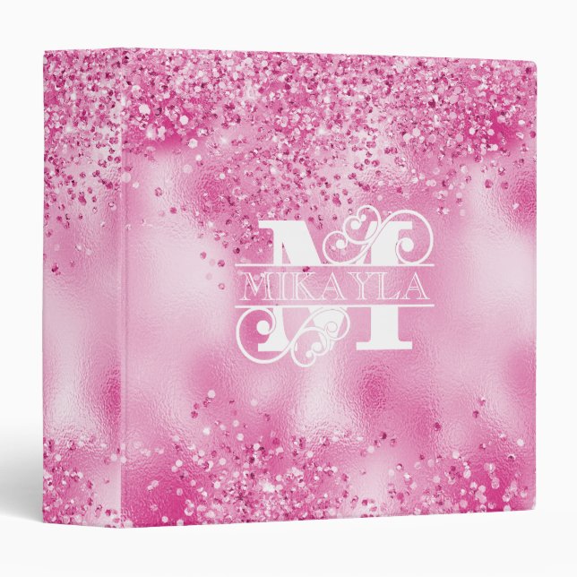 Monogram & Name on Faux Fuchsia Foil & Glitter 3 Ring Binder (Front/Spine)