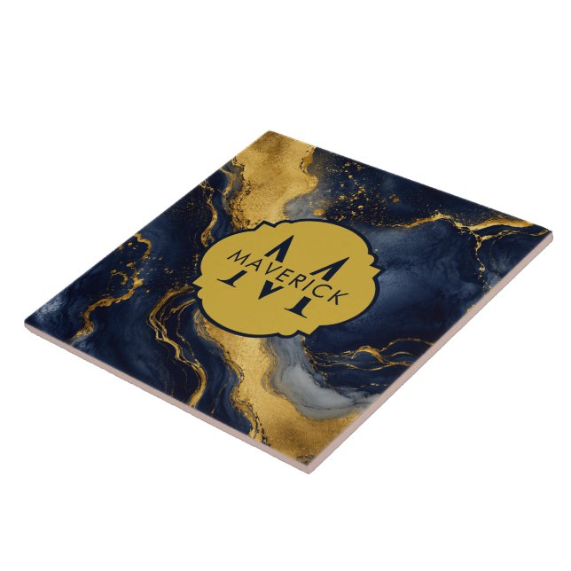 Monogram Name on NavyGold Abstract Marble FluidArt Ceramic Tile (Side)