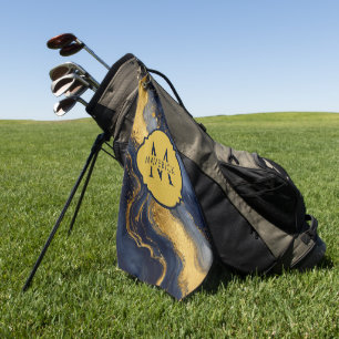 Monogram Name on NavyGold Abstract Marble FluidArt Golf Towel
