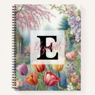 Monogram name on vintage watercolor floral park notebook