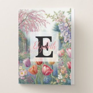 Monogram name on vintage watercolor floral park pocket folder