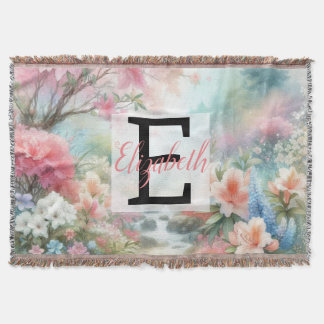 Monogram name on vintage watercolor floral park throw blanket