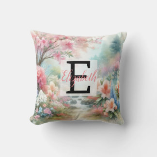 Monogram name on vintage watercolor floral park throw pillow