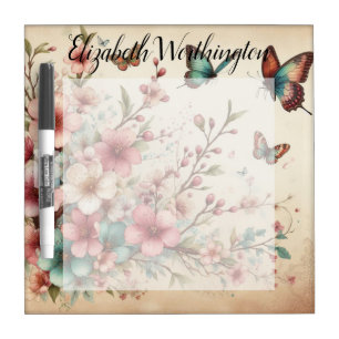Monogram name on vintage watercolor flowers dry erase board