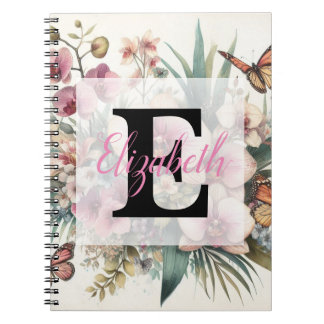 Monogram name on vintage watercolor flowers notebook