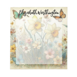 Monogram name on vintage watercolor flowers notepad