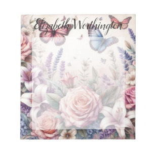 Monogram name on vintage watercolor flowers notepad