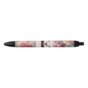 Monogram name on vintage watercolor flowers  pen