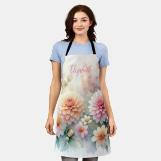 Monogram name on watercolor Flowers in pastels Apron