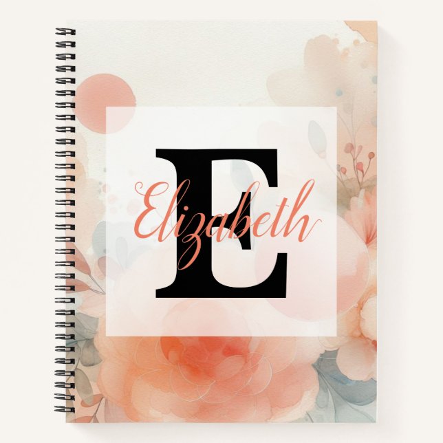 Monogram name on watercolor Flowers in pastels  Notebook (Front)