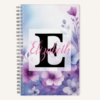 Monogram name on watercolor Flowers in pastels Notebook