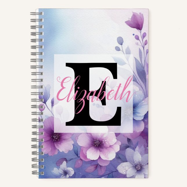 Monogram name on watercolor Flowers in pastels  Notebook (Front)