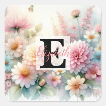 Monogram name on watercolor Flowers in pastels