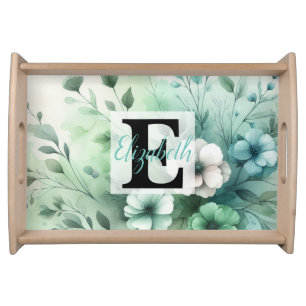 Monogram name on watercolor Flowers in pastels Th Serving Tray