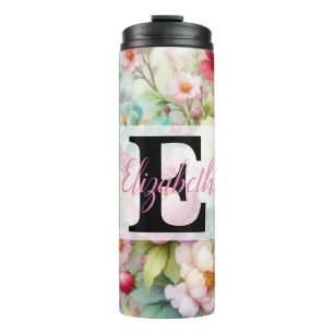Monogram name on watercolor Flowers in pastels Th Thermal Tumbler