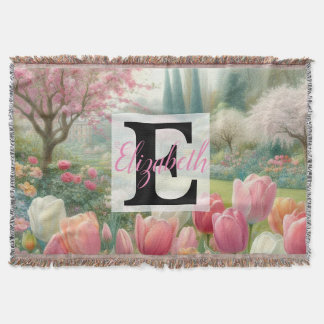 Monogram name on watercolor Flowers in pastels  Th Throw Blanket