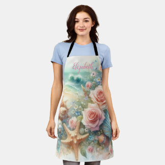 Monogram name on watercolor Flowers sea seashells Apron