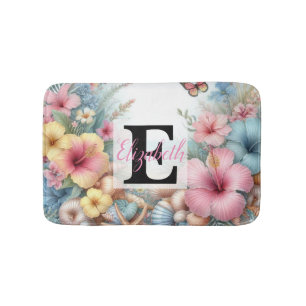 Monogram name on watercolor Flowers sea seashells  Bath Mat